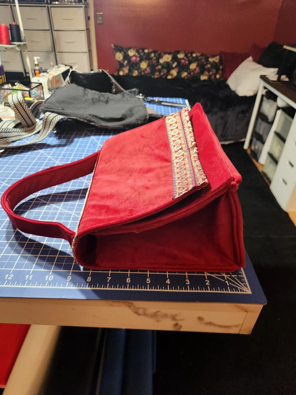 Red Embroidered Box Satchel Handbag